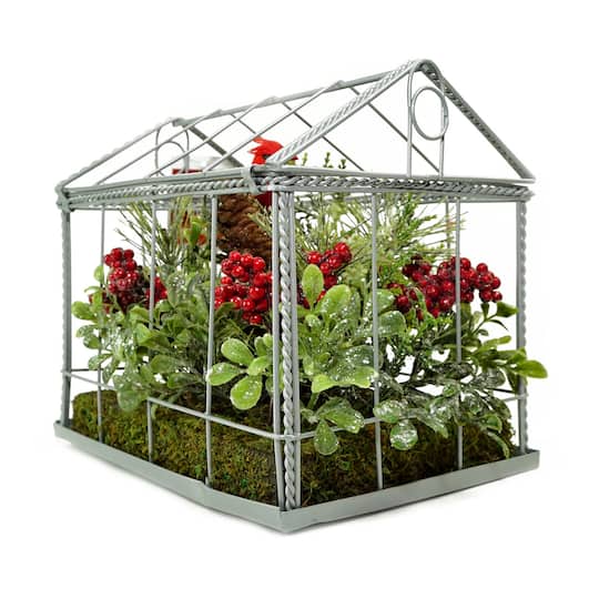 9&#x22; Red &#x26; Green Cardinal Boxwood Artificial Christmas Greenhouse Arrangement